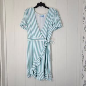 Draper James Wrap Dress Blue Green Ruffle Puff Sleeve Size XL